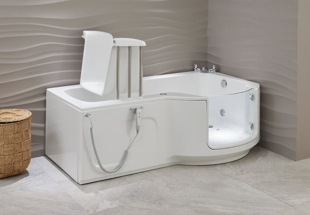 Walk-in bath Roma (Louisiana - access baths) full view bath with raised up seat in neutral coloured theme bathroom