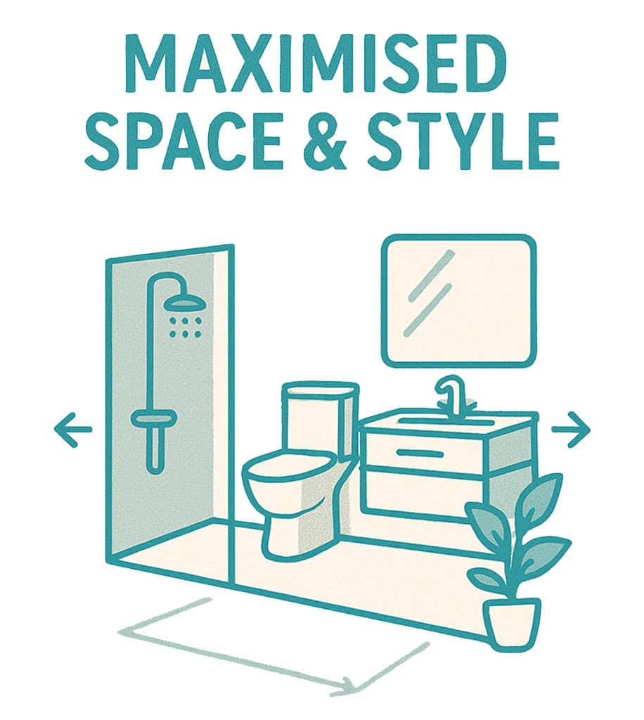 "MAXIMISED SPACE & STYLE" title in green. cartoon representation of a bathroom utilising space smartly