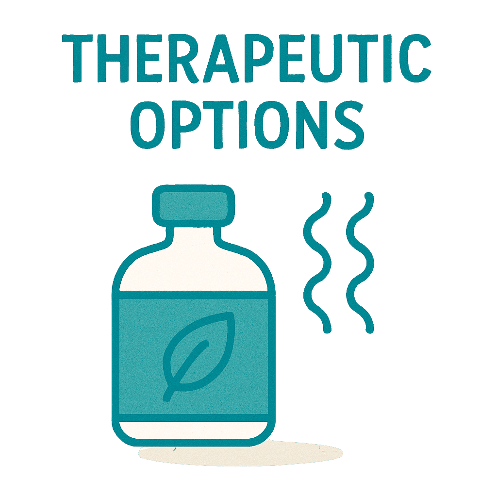 Minimalist cartoon-like graphic of a teal bottle with a leaf and steam lines, representing hydrotherapy and therapeutic bathing benefits.