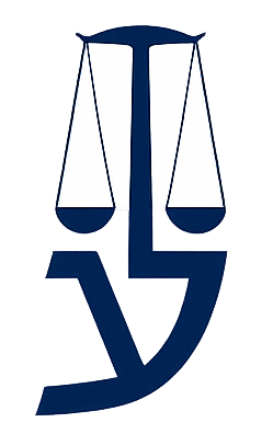 סמל כחול כהה של מאזניים מעל האות העברית למ"ד.