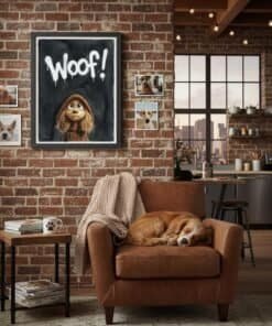 The real Furry Hooligan, a golden retriever, dozes regally on a brown chair as doggy portraits and “Woof!” art look on bemusedly.