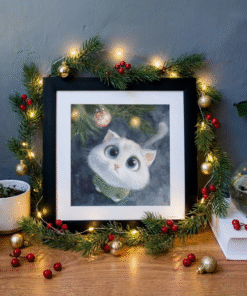 A wide-eyed cat in a green jumper, encircled by festive flora and shiny baubles, sits amid plants and books against a grey wall.