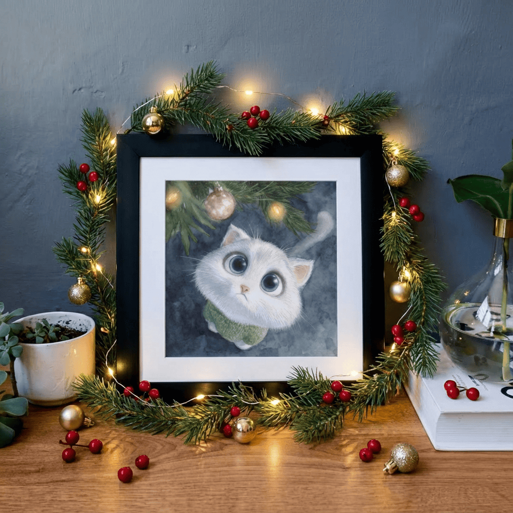 A wide-eyed cat in a green jumper, encircled by festive flora and shiny baubles, sits amid plants and books against a grey wall.