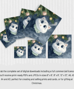 The Sooo Pretty | Print at Home set: five dashing prints of a blue-eyed white cat in a green scarf, festive backgrounds included.