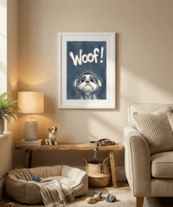 In a cosy nook, dog toys and Gangsta Gizmo conspire on a bench; “Woof!” art presides, plant observing in leafy silence.