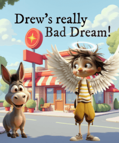 A grinning donkey and a winged lad, both suspiciously merry, loiter outside a red-signed café beneath “Drew’s Really Bad Dream”—clouds and shrubbery conspire cartoonishly around them.