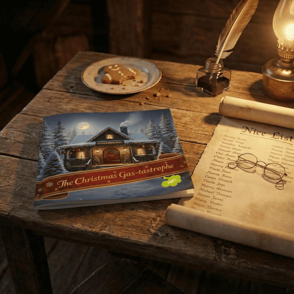 On a well-meaning wooden table: biscuits, “The Christmas Gas-tastrophe,” quill, lamp, spectacles, and a much-annotated Nice List.