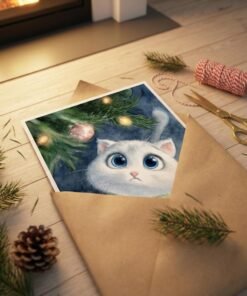 On this festive card, a white cat with eyes wide as Hogswatch plates lurks by a tree, semi-sheathed in envelope, fire aglow.