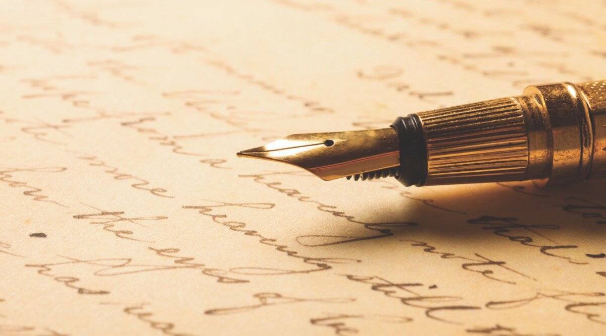 A gold fountain pen lazes atop parchment scrawled in fancy loops, its nib leftwards as if pondering, background dreamily vague.