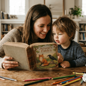 A woman and lad, grinning like they&rsquo;ve outwitted foxes, read Aesop amid chaos&mdash;pencils, milk, tales, and cosy book-laden walls.