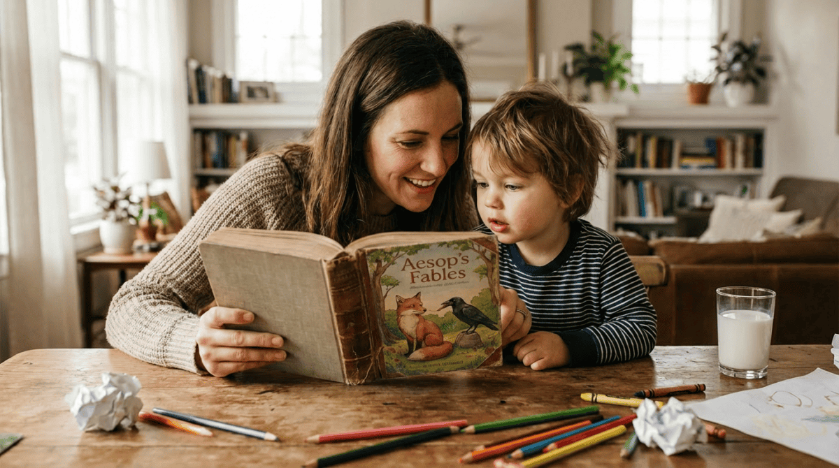 A woman and lad, grinning like they’ve outwitted foxes, read Aesop amid chaos—pencils, milk, tales, and cosy book-laden walls.