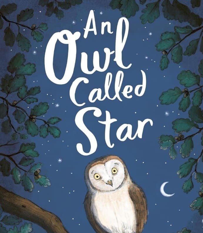 Upon a midnight branch, a wise owl—white, brown, and possibly bemused—sits as “An Owl Called Star” glows overhead.