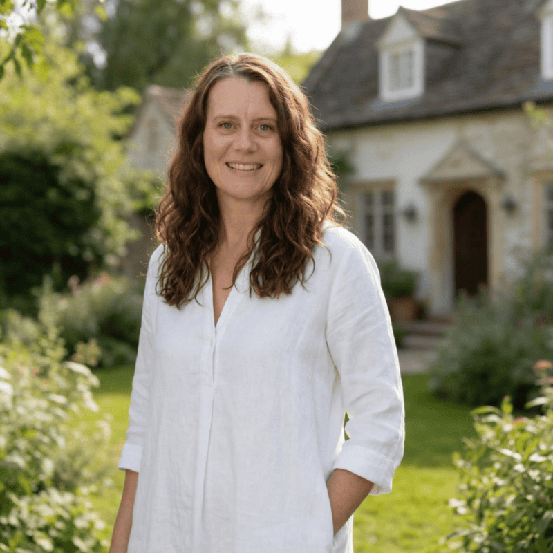 A woman with wavy brown hair, grinning as if she knows something you don’t, stands outside a cottage amid greenery under audacious sunlight.