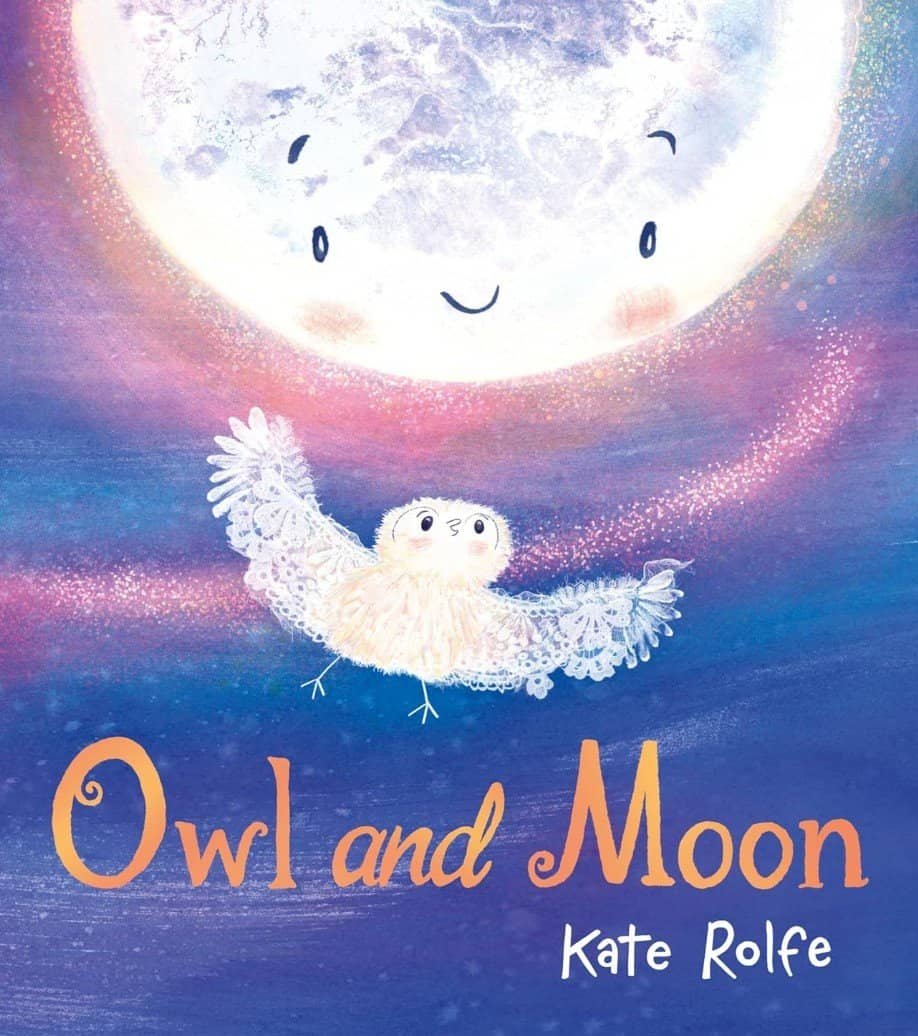 A white owl, wings akimbo, soars under a suspiciously cheerful moon in a purply sky. "Owl and Moon" beams below, in jaunty text.