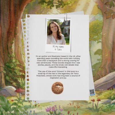 A notepad, pinned with Sara’s beaming photo, floats on a painted forest. Her bio chatters below; a beast naps beneath.