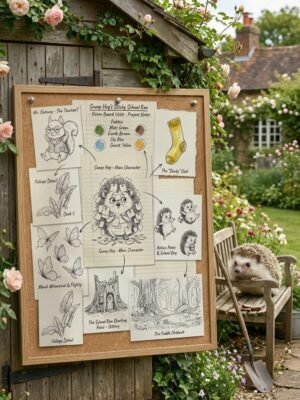 In a garden classroom, hedgehog doodles decorate a noticeboard while a scholarly hedgehog sits nearby, pondering flowers and bricks.