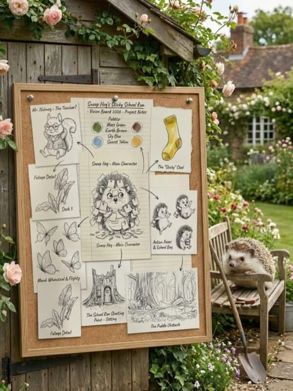 In a garden, a hedgehog on a chair eyes sketches: hero hog, wise owl, leafy chaos, and an improbably sticky school bus.