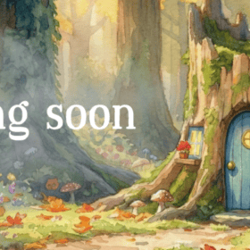 A cheerfully improbable tree-stump house with a blue door and glowing windows, flowers, mushrooms, and &ldquo;Coming soon&rdquo; in white text.