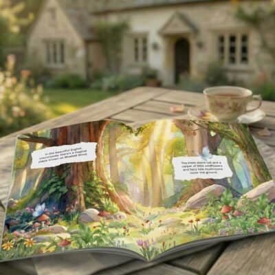 An open book sprawls over the table, bursting with cheerful woods and fungi, tea beside it, and a cottage lurking in the mist.