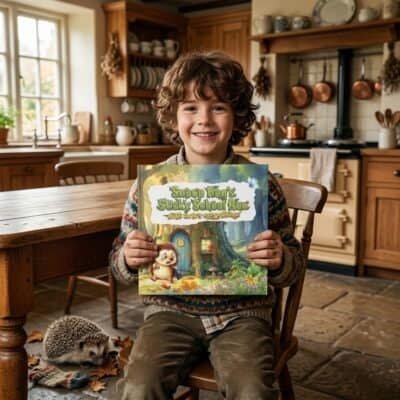 A grinning, curly-haired imp perches in a kitchen fit for witches, clutching “Swoop Hog’s Stucky School Run” as a hedgehog plots near fallen autumn leaves.