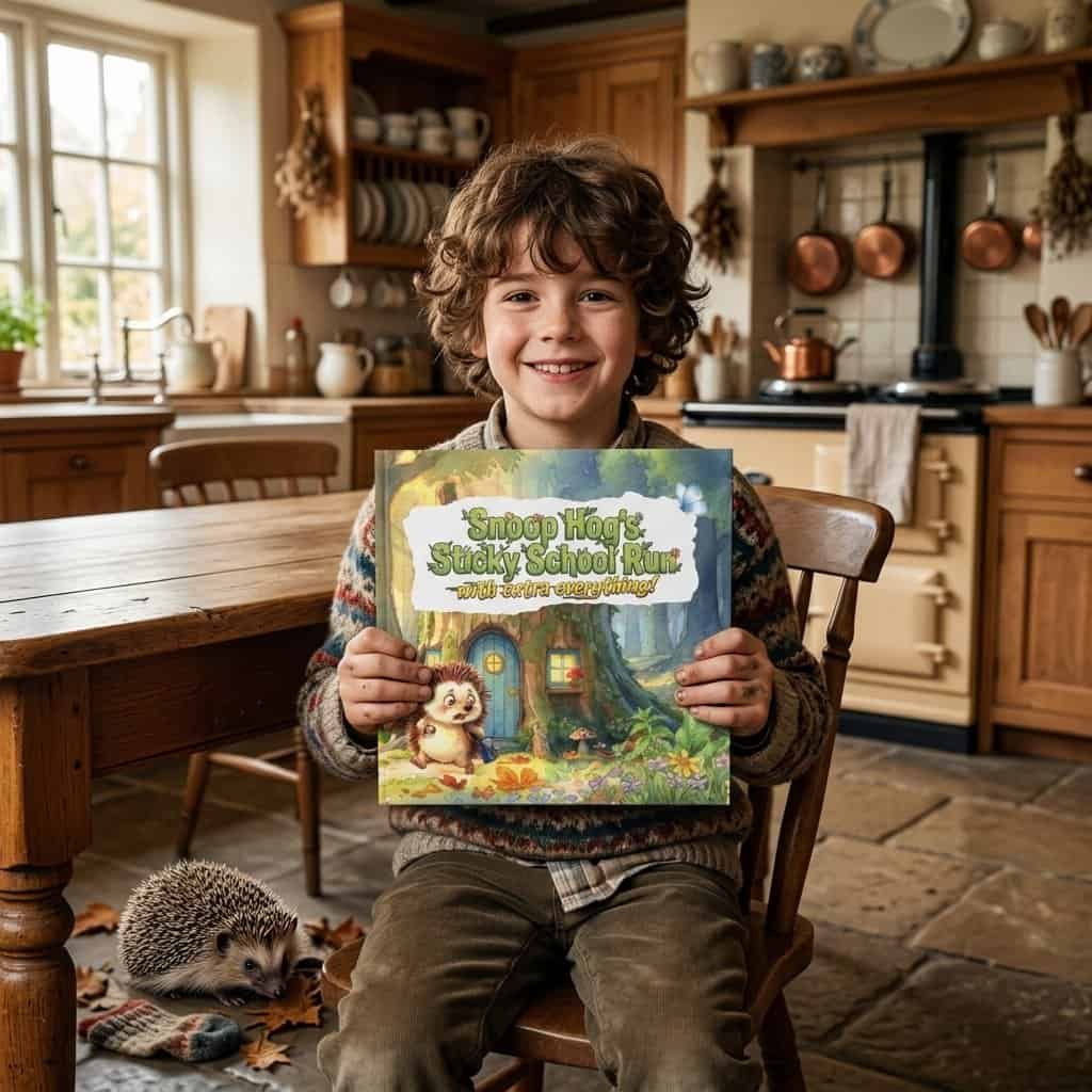 A grinning, curly-haired imp perches in a kitchen fit for witches, clutching “Swoop Hog’s Stucky School Run” as a hedgehog plots near fallen autumn leaves.