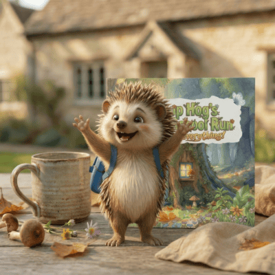 A jubilant hedgehog, rucksack in tow, stands aloft on a wooden table—arms uplifted amid mugs, books and autumn detritus.