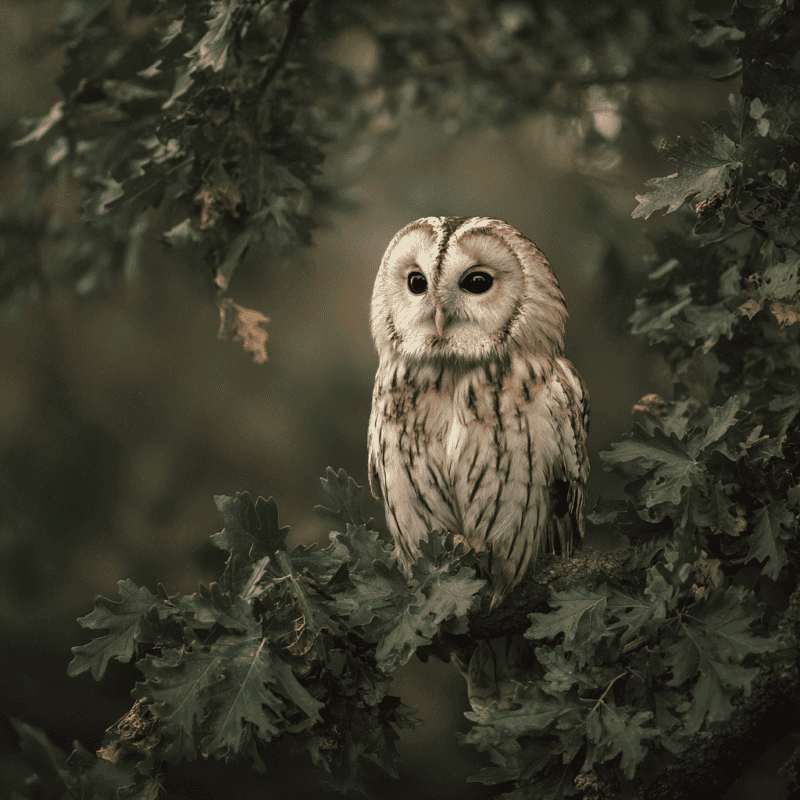 Perched amidst oak leaves, a tawny owl fixes the world with huge eyes—wise, feathered proof that trees sometimes grow sentries.