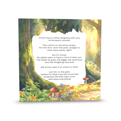 A cheeky forest path, bedecked in improbable flora and gold-dusted trees, encircles a poem on Snoop Hog, hedgehog of legend.