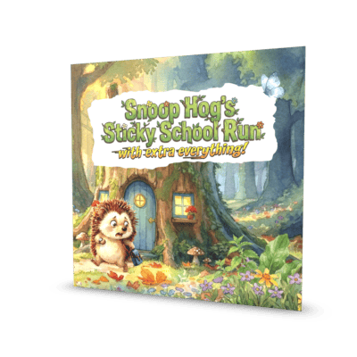A jolly hedgehog with a rucksack trundles through a whimsical wood; tree-door yawns. Title yells, “Snoops Hog’s Sticky School Run!”.