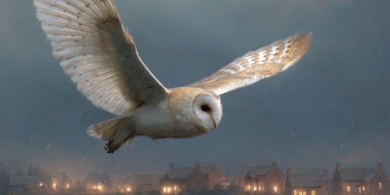 A pale barn owl glides at twilight over snug, glowing homes, snow tumbling down—a feathery enigma in winter’s Discworld dusk.