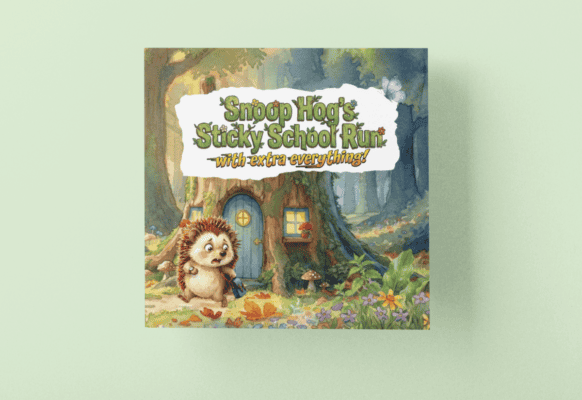 On a lively book cover, a bright-eyed hedgehog—red rucksack in tow—faces a round blue tree-door. Title: “Snoop Hog’s Sticky School Run: With extra everything!” sparkles mischievously above.