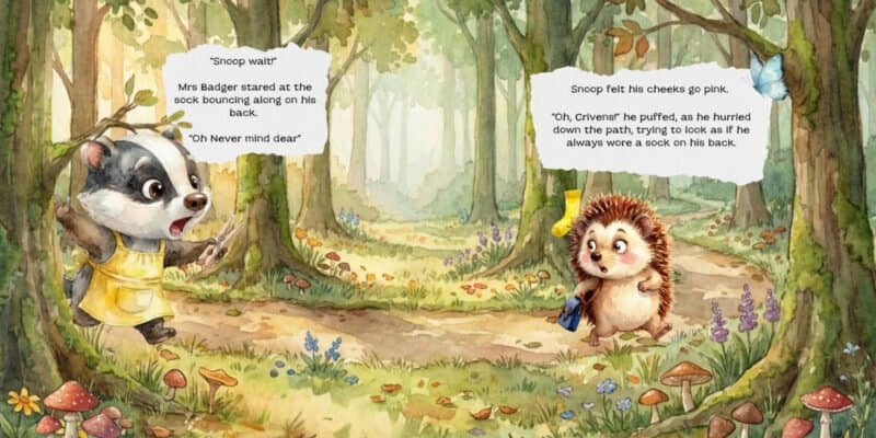 In a sun-dappled forest, a badger (rather overdressed in yellow) accosts a hedgehog sporting one sock and crimson cheeks.