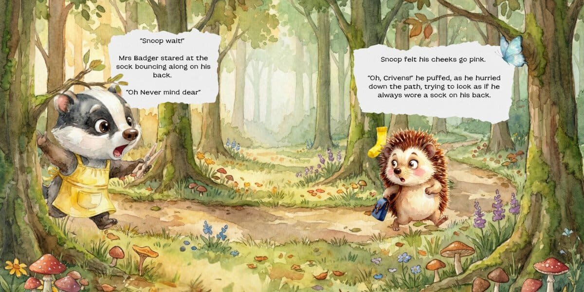 In a sun-dappled forest, a badger (rather overdressed in yellow) accosts a hedgehog sporting one sock and crimson cheeks.