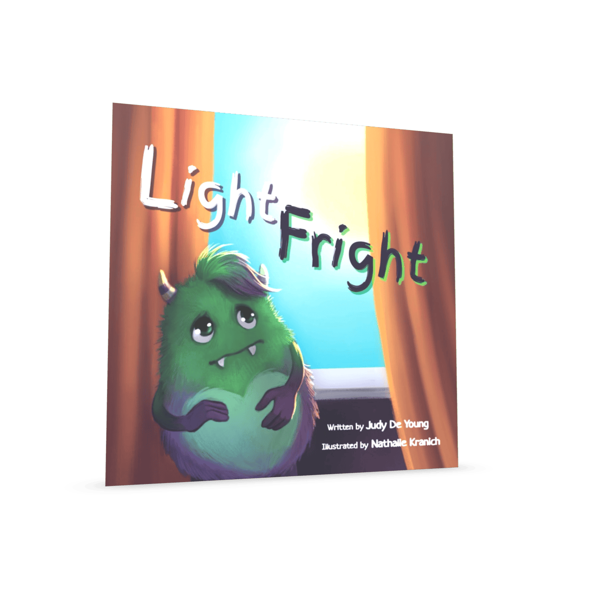 On the cover of “Light Fright”, a green, mildly panicked monster lurks betwixt orange curtains as sunlight conspiratorially pours in.