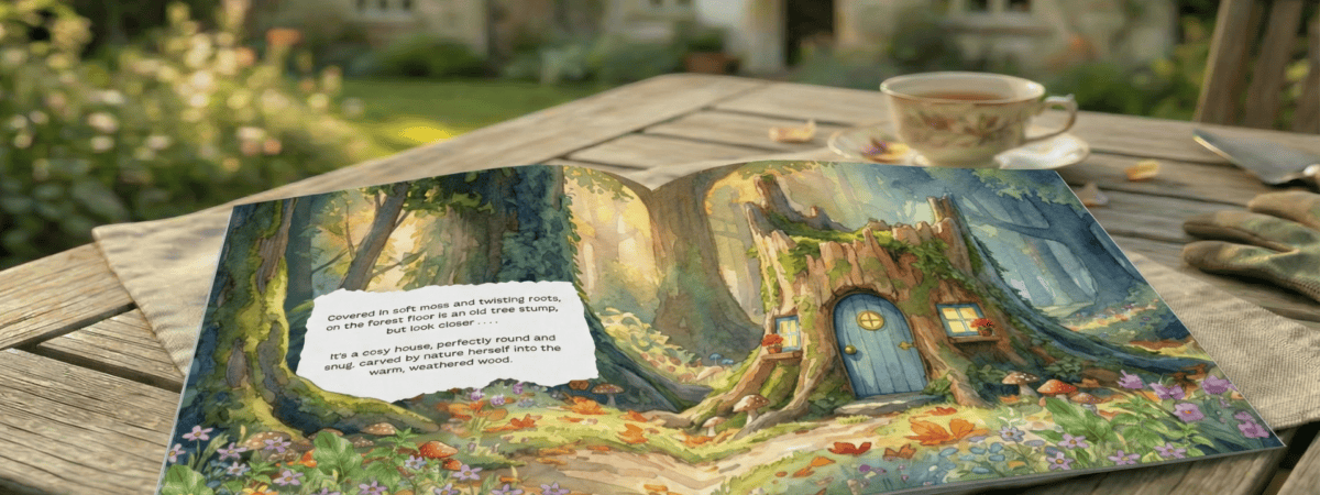 On a well-worn table, a book sprawls open to a treehouse with a suspiciously blue door, mushrooms loitering in sunlight; tea waits.