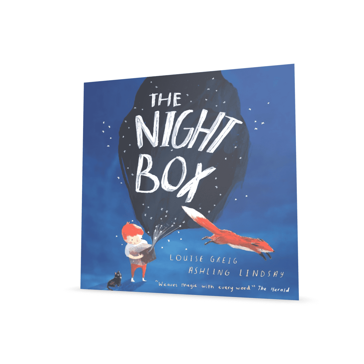 A child opens a box, out flows the night—stars tumbling everywhere—a fox leaps in attendance. Darkness cloaks it all.