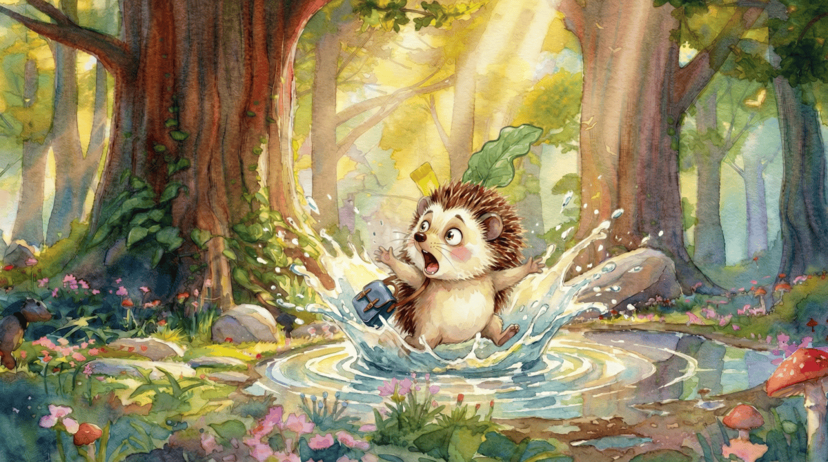 A hedgehog&mdash;astonished as if discovering taxes&mdash;wields a blue spade, splashing in a forest pond dappled with comedic sunlight.