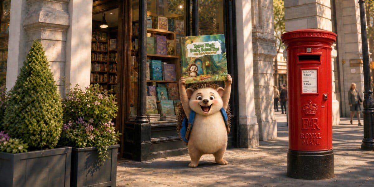 On a particularly adventurous bit of pavement, an absurdly chipper hedgehog—animated with the kind of optimism only found in creatures who’ve never had to fill out tax forms—brandishes its self-published magnum opus as if expecting instant literary acclaim. Looming behind is a bookshop all glass and possibility, the kind of place where indie novels lurk hopefully on bottom shelves. To the right stands a dignified red Royal Mail postbox, awaiting correspondence or perhaps just enjoying the scenery. Some well-behaved green shrubs mind their own business in handsome planters by the shop entrance, feigning indifference to all this authorial excitement.