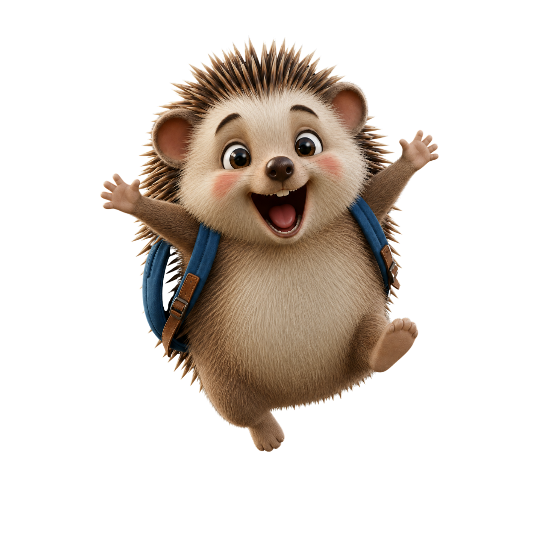 A jubilant hedgehog, sporting a blue rucksack and optimism, leaps skyward—spines softened, cheeks aglow with improbable glee.