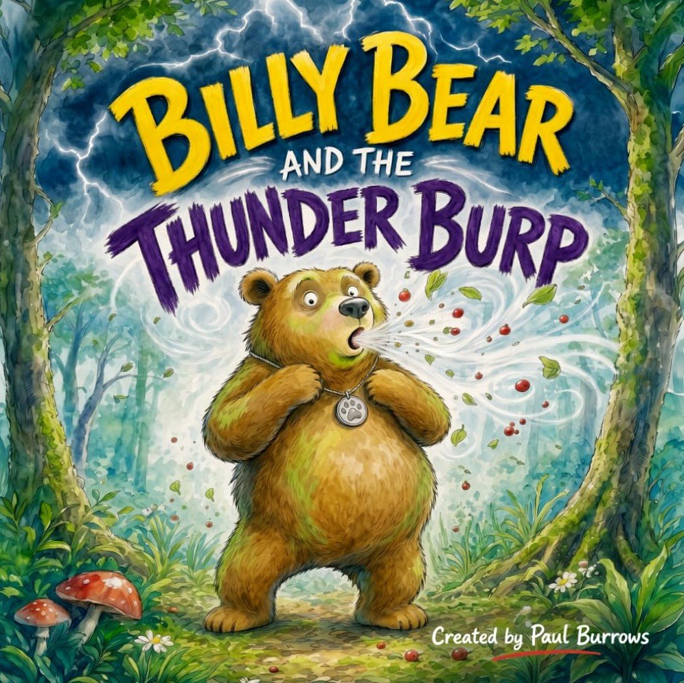 Billy Bear, who&rsquo;d clearly just had an unexpected encounter with something alarming (possibly involving cheese), stands rather gobsmacked in a forest clearing, the very air whirling as leaves do their best impression of dramatic wallpaper. Crowning this pandemonium above is the audaciously bold proclamation: &ldquo;Billy Bear and the Thunder Burp.&rdquo; Mushrooms and assorted trees (the sort that lurk on scene edges, looking enigmatic) attempt to keep order whilst bolts of lightning scribble enthusiastically across a cloud-blotched sky. Just below or somewhere tidy reads: Created by Paul Burrows&mdash;presumably taking full responsibility for whatever happens next.