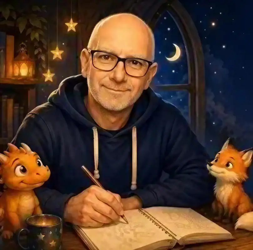 At a desk brimming with the sort of gentle clutter that bespeaks True Comfort, a bald man&mdash;glasses perched on his nose as if ready to leap off and explore&mdash;grins conspiratorially at a notebook, which he assails with doodles like a wizard casting benign spells. On either side, engaged in the unspoken business of all nonchalant companions, recline a diminutive dragon (the everyday sort who only ignites stationery by accident) and a fox whose expression hints at untold sarcasm. The whole scene glows with warm light: stars twinkle as if auditioning for greater celestial duties, while lantern and loyal mug stand guard over proceedings. Through an arched window arches the crescent moon itself&mdash;a polite witness to notebook mysteries&mdash;while outside, night sky flirts with magic instead of mere darkness.