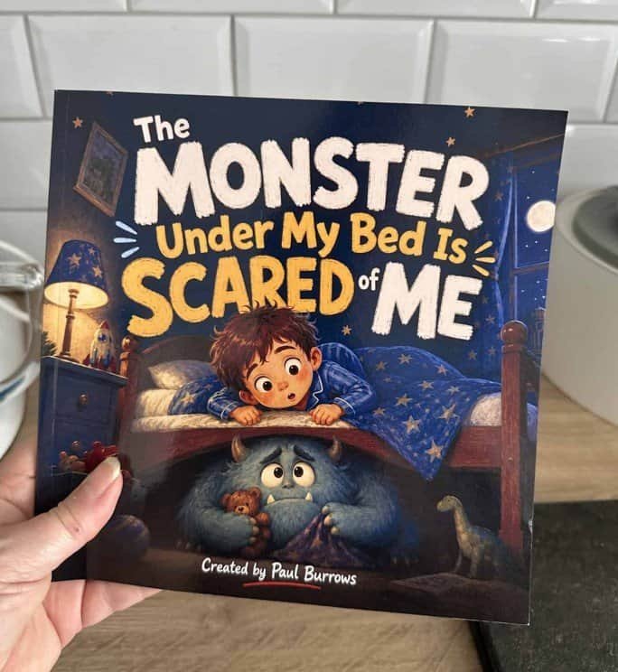 Grasped in a human paw is a children&rsquo;s book with the grand proclamation The Monster Under My Bed Is Scared of Me by Paul Burrows (who, it appears, also wielded the magic brush for the cover). Upon that very cover, a wide-eyed boy peers beneath his bed&mdash;bravely investigating&mdash;only to find a blue monster cowering like someone who spotted Granny Weatherwax at harvest time. Surrounding this domestic theatre: bedding as blue as Ankh-Morpork&rsquo;s finest laundry day, peppered with stars and hope, whilst behind them all looms a wall garbed in tidy tiles that look suspiciously like they&rsquo;re hoping not to get involved.
