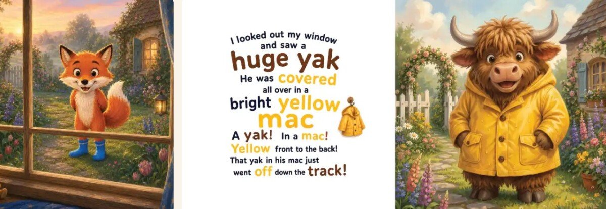 Somewhere just left of sensible, a grinning fox&mdash;wearing blue boots which, given the state of local fashion, might just be the height of woodland sophistication&mdash;loiters by a cottage that looks as if it&rsquo;s contemplating its mortgage. Centre stage, an obliging bit of prose introduces a yak paragraphed in protective yellow raincoat (undoubtedly waterproof and almost certainly unnecessary). Off to the right, another yak&mdash;this one practically bursting with cheerfulness and precipitation preparedness&mdash;shows off its radiant raincoat amid flowers bravely standing their ground by a white fence that&rsquo;s seen things you wouldn&rsquo;t believe.