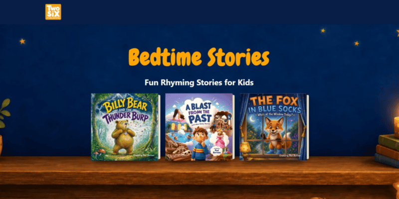 On a shelf of trustworthy timber—possibly oak, certainly flat—three radiant children’s books huddle beneath the noble proclamation: Bedtime Stories: Fun Rhyming Stories for Kids. These tales are certified bedtime magic, as sure as librarian stamps exist. One cover presents a bear whose expression suggests he’s seen some things; nearby, an assembly of children appears perfectly at home with dinosaurs (clearly a normal Tuesday), and next to them trots a fox in blue socks, making one wonder if there’s a story in where he found them. At either end stand sentinels—a lamp that might secretly long to be the moon, and a plant plotting slow conquest of the windowsill realm.