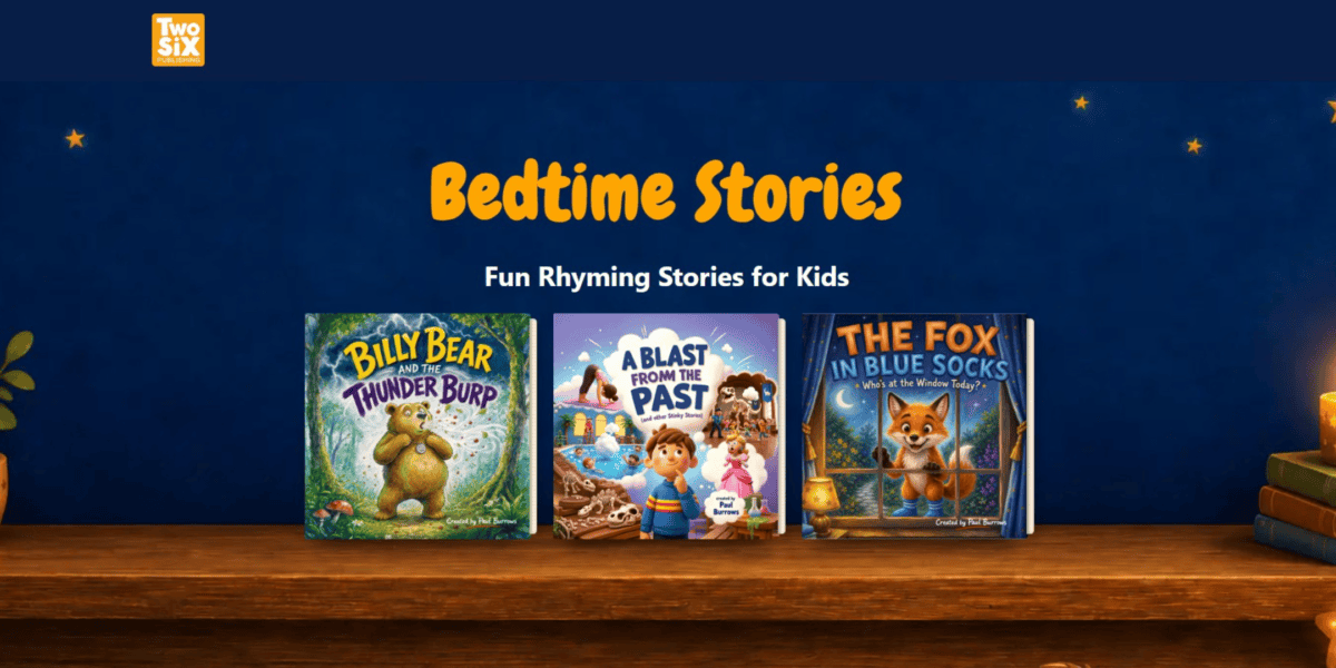 On a shelf of trustworthy timber—possibly oak, certainly flat—three radiant children’s books huddle beneath the noble proclamation: Bedtime Stories: Fun Rhyming Stories for Kids. These tales are certified bedtime magic, as sure as librarian stamps exist. One cover presents a bear whose expression suggests he’s seen some things; nearby, an assembly of children appears perfectly at home with dinosaurs (clearly a normal Tuesday), and next to them trots a fox in blue socks, making one wonder if there’s a story in where he found them. At either end stand sentinels—a lamp that might secretly long to be the moon, and a plant plotting slow conquest of the windowsill realm.