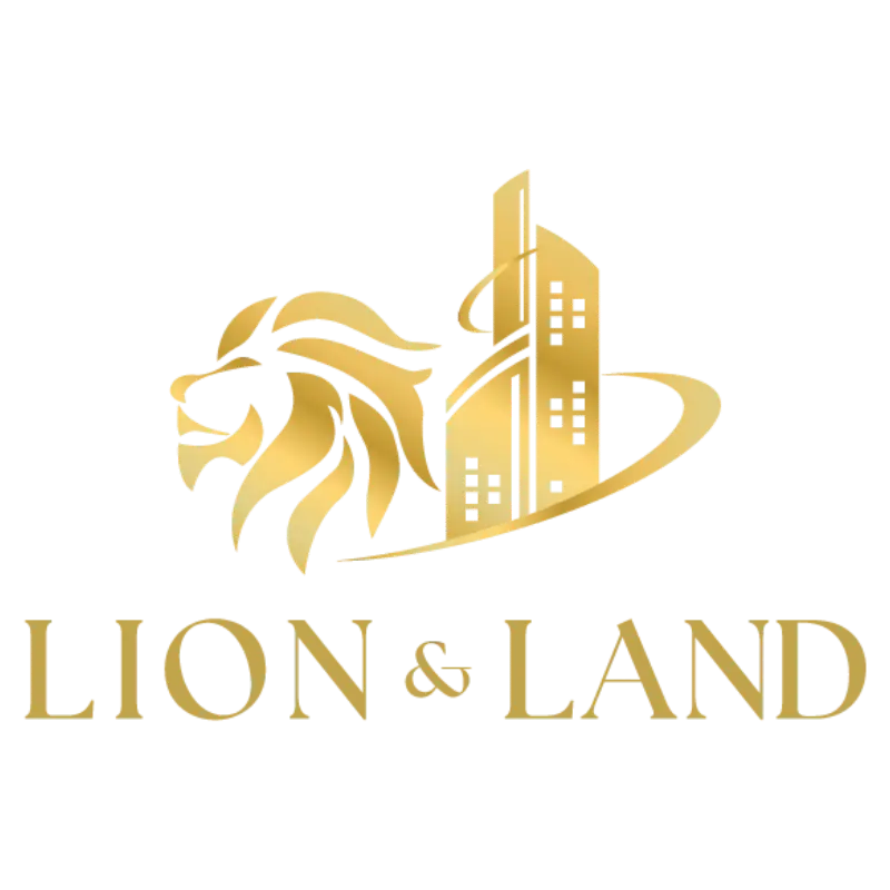 Lion & Land logo featuring a golden lion and a land plot.