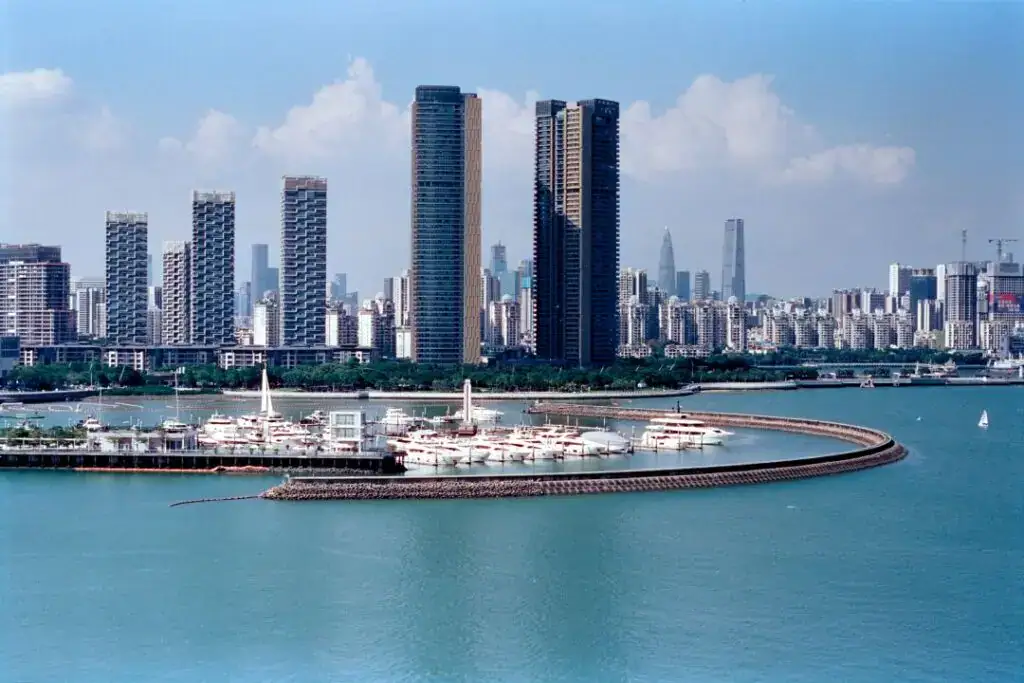 High-rise waterfront buildings in a global financial centre.