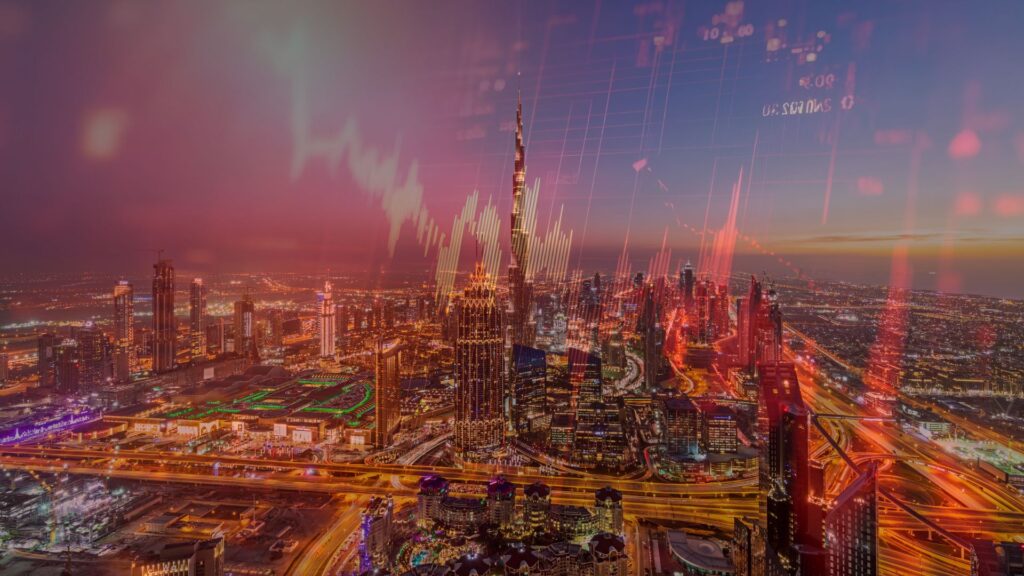 Aerial view of Dubai's cityscape with skyscrapers and financial graphs highlighting real estate inve.