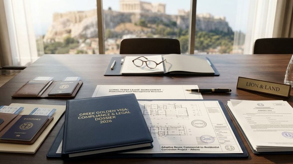 Office in Greece with Acropolis in the Background. 
The desk shows a LION & LAND tag and a greek golden visa legal dossier. Showing LION & LAND is your expert for the golden visa for greece.