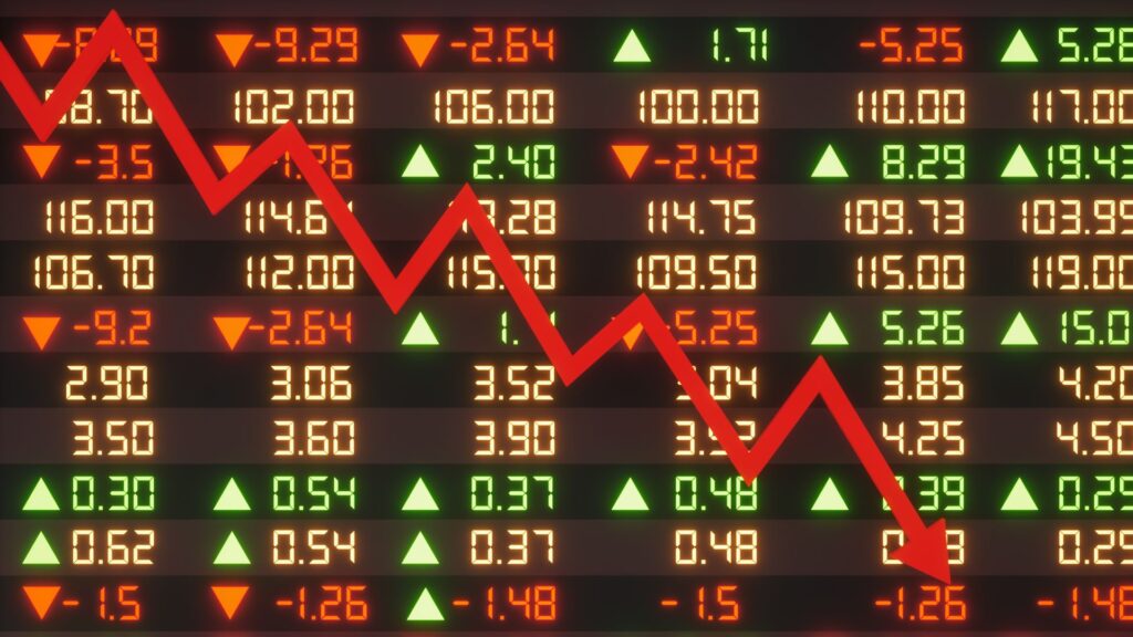 Stock market decline, financial data, and downward trend line.